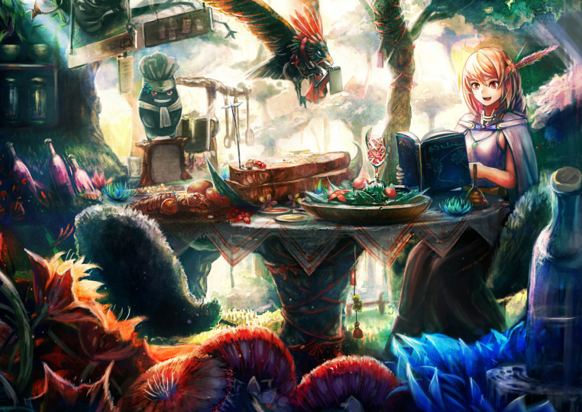 1girl bird blonde_hair book bread cape dress eagle feathers flower food hair_ornament jinichi long_hair open_mouth original reading red_eyes sitting