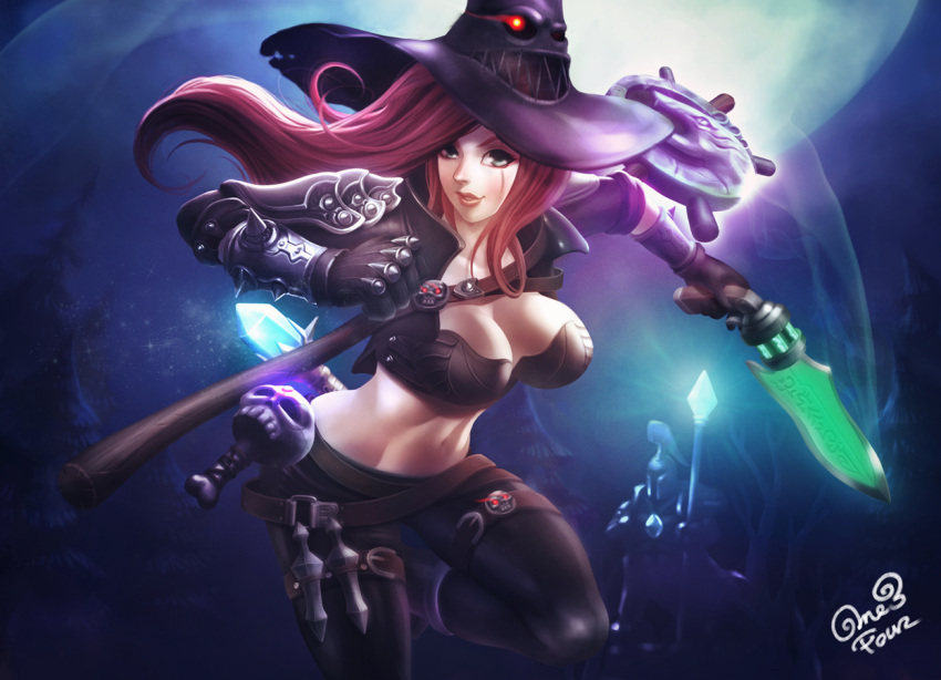 1girl adapted_costume armor bad_id belt breasts deathfire_grasp full_moon gloves glowing glowing_eyes green_eyes gunblade hat hextech_gunblade katarina_du_couteau large_breasts league_of_legends long_hair looking_at_viewer midriff moon needlessly_large_rod one3four! rabadon's_deathcap redhead revision rylai's_crystal_scepter scar shoulder_pads signature skin_tight skull solo staff strap vambraces weapon witch_hat