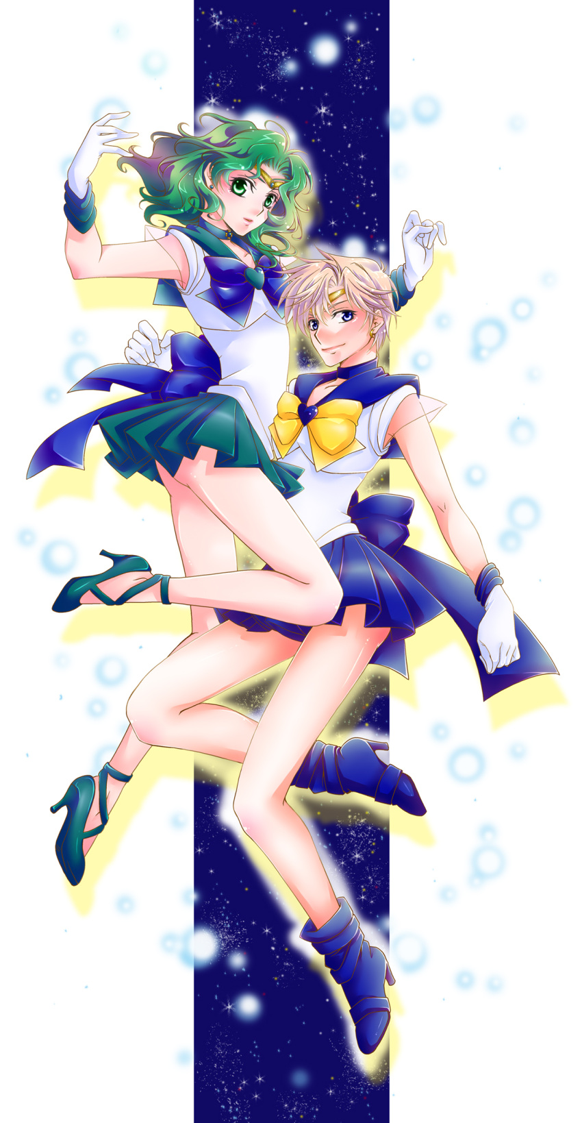 2girls 90s bishoujo_senshi_sailor_moon blonde_hair blue_boots blue_eyes blue_skirt blush boots bow breasts choker gloves green_eyes green_hair high_heels highres jewelry kaiou_michiru lips long_hair magical_girl moka_(une-corolle) multiple_girls outer_senshi sailor_collar sailor_neptune sailor_senshi sailor_uranus shoes short_hair skirt smile ten'ou_haruka tiara white_gloves yellow_bow