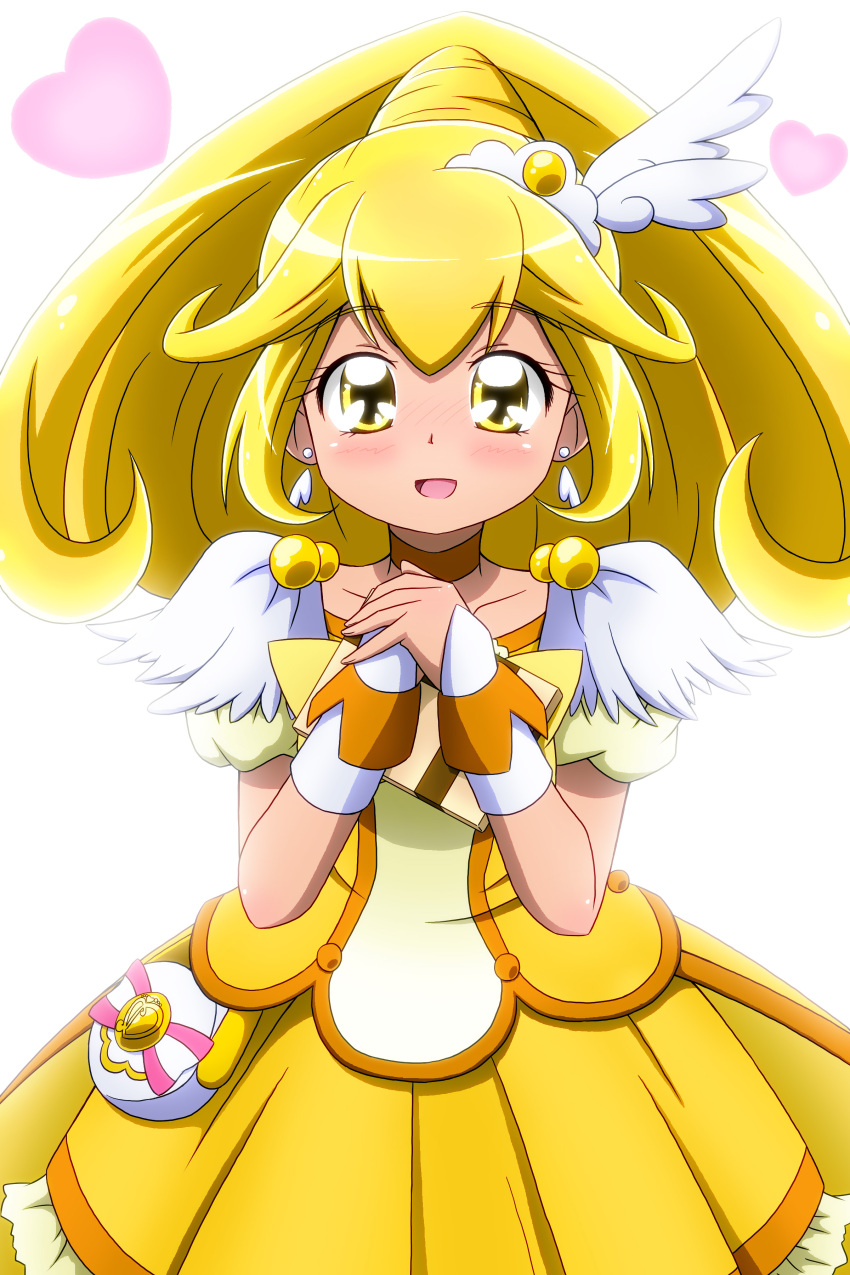 1girl absurdres blonde_hair bow choker cure_peace dress gift heart highres kise_yayoi kiyu_(doremi's_party) long_hair magical_girl open_mouth ponytail precure skirt smile smile_precure! solo tiara valentine wrist_cuffs yellow_bow yellow_dress yellow_eyes yellow_skirt