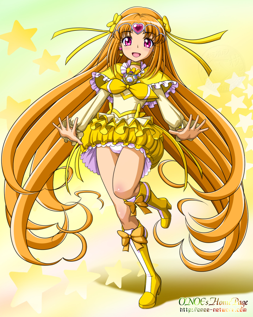 1girl :d artist_name bangs body_blush boots bow brooch bubble_skirt capelet choker circlet cure_muse cure_muse_(yellow) dress earrings flat_chest frills gradient gradient_background hair_bow hands heart heart_earrings high_heels highres jewelry knee_boots kneehighs leg_lift long_hair looking_at_viewer magical_girl onoe open_mouth orange_hair panties pantyshot pantyshot_(standing) parted_bangs pink_eyes precure ribbon shadow shirabe_ako shoes short_dress skirt smile solo standing standing_on_one_leg star suite_precure underwear upskirt very_long_hair watermark web_address white_panties yellow_bow yellow_dress yellow_legwear yellow_skirt