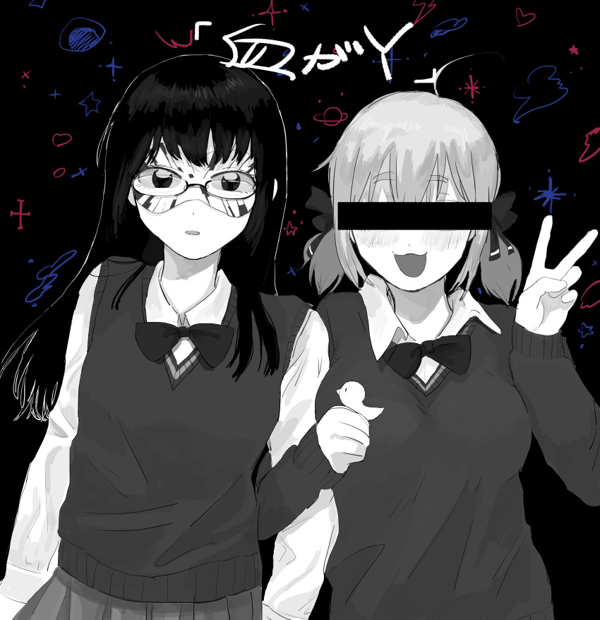2girls :3 absurdres ahoge aruko_okara bar_censor bow bowtie breasts censored collared_shirt commentary_request covered_eyes domino_mask expressionless facing_viewer glasses greyscale hand_up highres identity_censor large_breasts locked_arms long_hair long_sleeves looking_at_viewer low_twintails mask monochrome multiple_girls open_mouth pleated_skirt raised_eyebrows school_uniform shirt short_twintails side-by-side skirt spot_color tokumei_radio translation_request twintails upper_body v virtual_youtuber wai_(aya-hsn-149) zanko