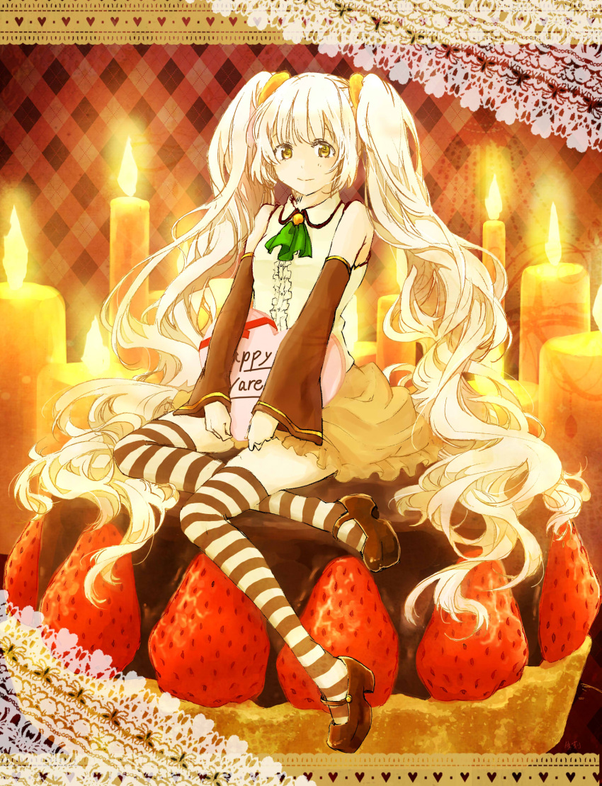1girl akn92 alternate_hair_color argyle argyle_background candle detached_sleeves food fruit hatsune_miku heart highres long_hair sitting skirt solo strawberry striped striped_legwear thigh-highs twintails valentine very_long_hair vocaloid white_hair yellow_eyes