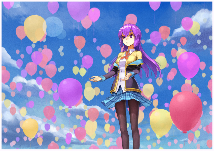 1girl balloon clouds gj-bu highres jinyuan712 long_hair long_sleeves off_shoulder pantyhose purple_hair school_uniform sky smile solo sumeragi_shion violet_eyes