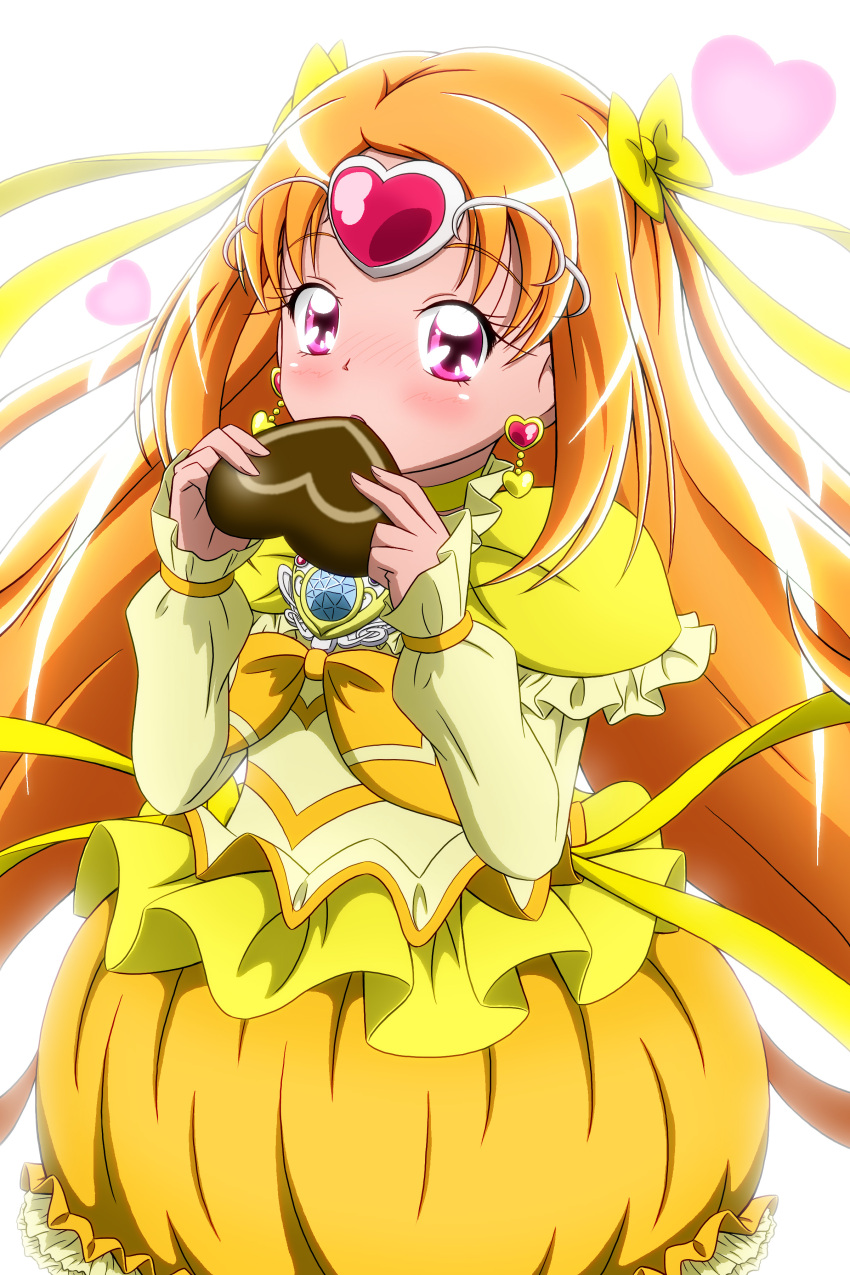 1girl absurdres bow brooch bubble_skirt chocolate chocolate_heart choker circlet cure_muse cure_muse_(yellow) dress earrings eating frills hair_ribbon heart highres jewelry kiyu_(doremi's_party) long_hair magical_girl orange_hair precure red_eyes ribbon shirabe_ako skirt solo suite_precure tiara valentine yellow_bow yellow_dress yellow_skirt