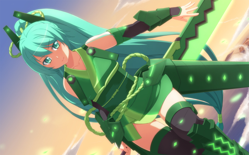 1girl aqua_hair bare_shoulders clouds dutch_angle elbow_gloves fusion gauntlets gloves glowing greaves green_eyes highres japanese_clothes long_hair sky solo sunset sword tachimi_(basue) thigh-highs vividgreen vividred_operation weapon