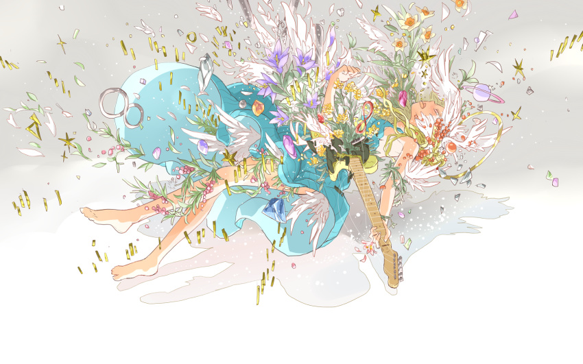 1girl abstract arakawa_(aintnoroom) blonde_hair blue_dress breaking dress falling feathers flower gem guitar highres instrument jewelry original planet plant ring shadow solo vines what