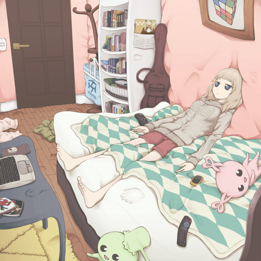 1girl barefoot bed blonde_hair blue_eyes book calendar_(object) computer controller door feet highres laptop long_sleeves lying on_back original remote_control rubik's_cube rug short_hair shorts solo sweater table yajirushi_(chanoma)