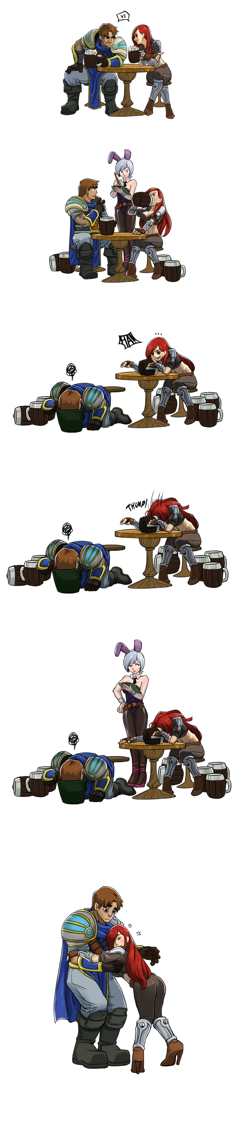 1boy 2girls absurdres animal_ears bling_(wnsdud34) blush bucket bunny_girl comic drinking drunk garen_crownguard high_heels highres katarina_du_couteau league_of_legends long_hair long_image multiple_girls rabbit_ears riven_(league_of_legends) shoes short_hair simple_background table tall_image white_background wrist_cuffs