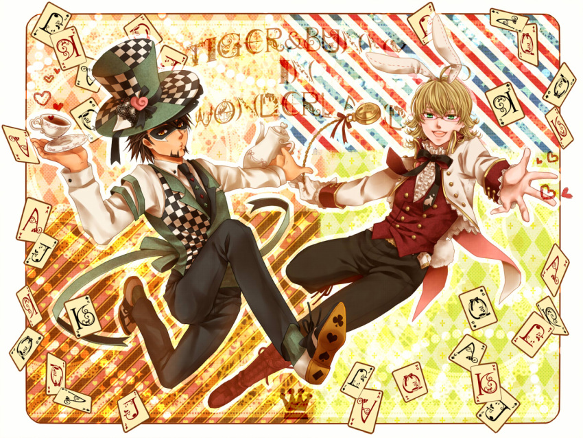 2boys alice_in_wonderland animal_ears barnaby_brooks_jr blonde_hair brown_eyes card domino_mask facial_hair glasses green_eyes hat kaburagi_t_kotetsu mad_hatter male mask multiple_boys playing_card pocket_watch rabbit_ears shiratama_(mofutto) stubble tiger_&amp;_bunny top_hat vest waistcoat watch white_rabbit