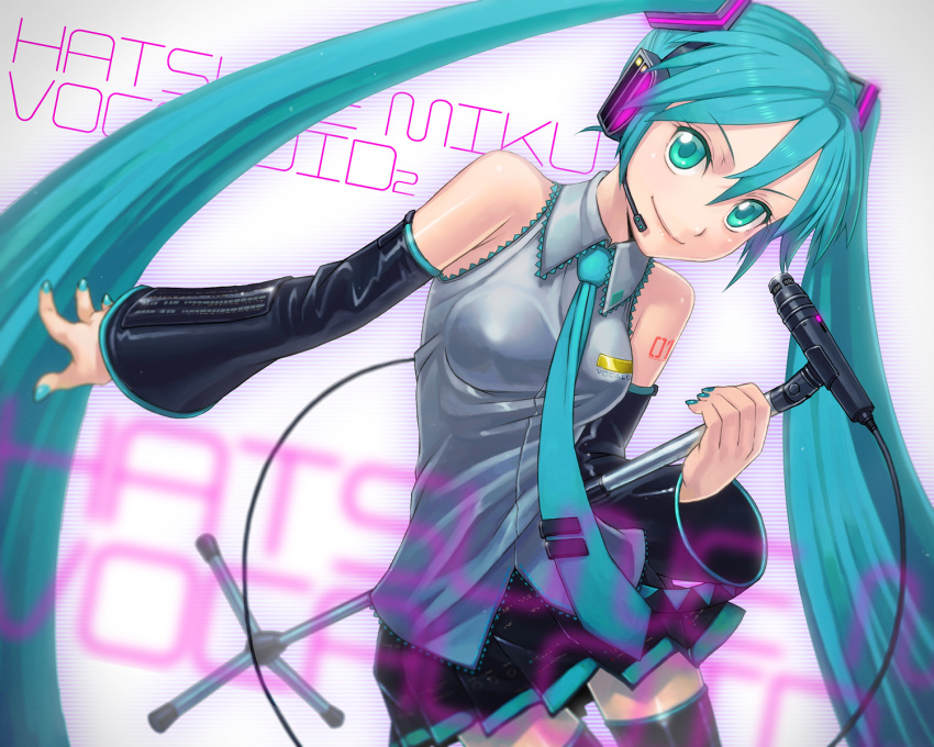 1girl aqua_hair aqua_nails character_name detached_sleeves green_eyes hatsune_miku headset highres itou_(onsoku_tassha) long_hair microphone microphone_stand nail_polish necktie skirt smile solo thigh-highs twintails very_long_hair vocaloid