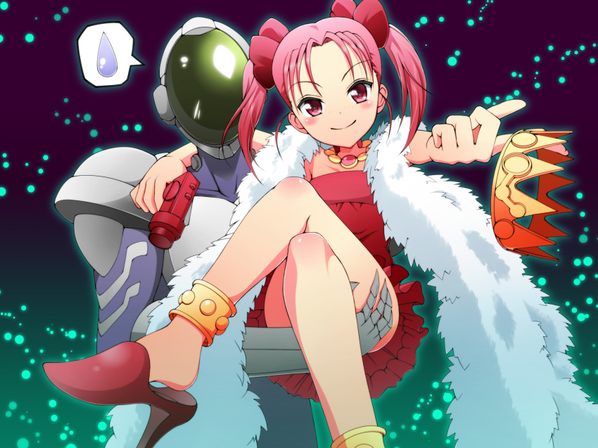 1boy 1girl accel_world anklet arita_haruyuki blush carrying crown dress feather_boa hair_ribbon high_heels jewelry kouzuki_yuniko legs_crossed necklace ookami_maito pink_hair princess_carry red_dress red_eyes red_skirt ribbon shoe_dangle shoes short_twintails silver_crow sitting skirt smile spoken_sweatdrop sweatdrop twintails