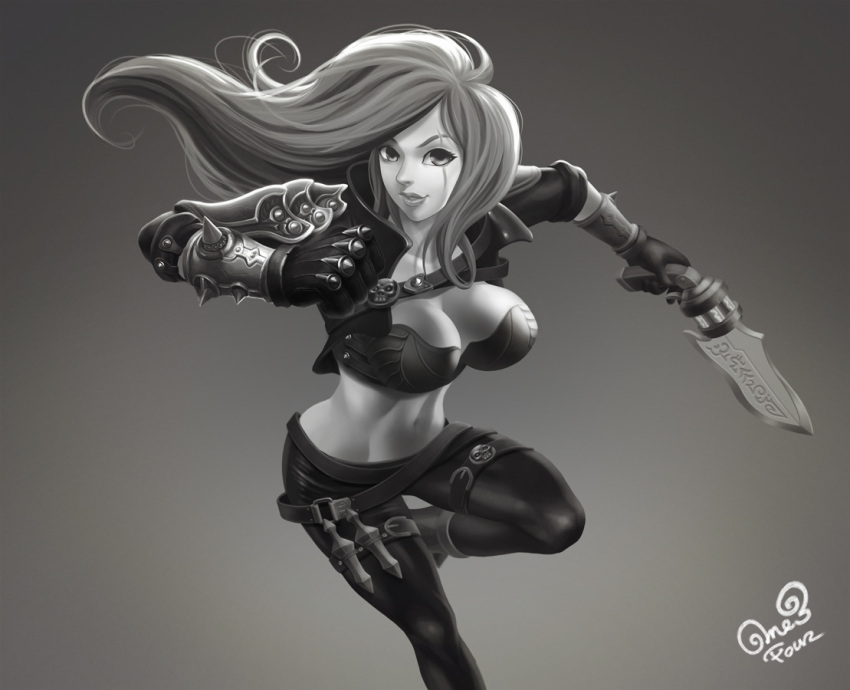 1girl armor belt breasts gloves greyscale gunblade hextech_gunblade katarina_du_couteau large_breasts league_of_legends long_hair looking_at_viewer midriff monochrome one3four! scar shoulder_pads signature skin_tight solo strap vambraces weapon