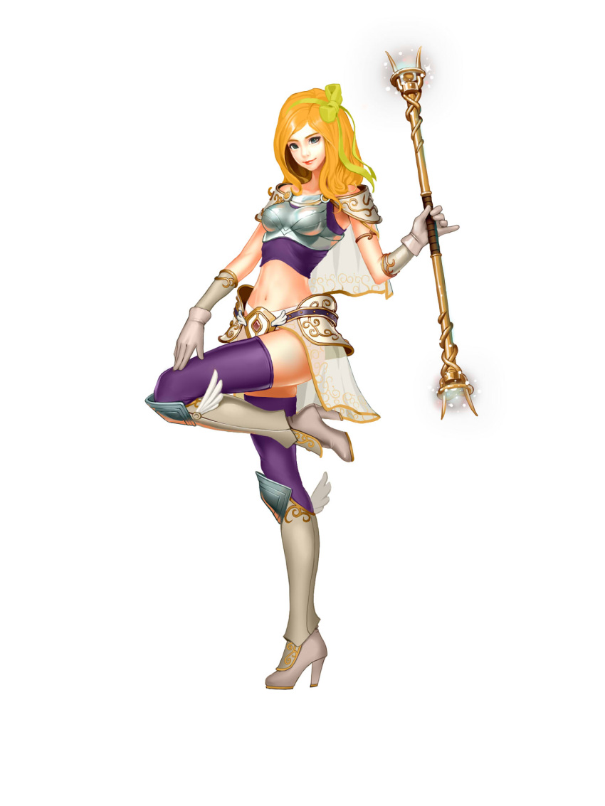1girl adapted_costume alternate_costume armlet armor bad_id belt blonde_hair boots breastplate cape crop_top gloves hair_ribbon high_heels highres league_of_legends leg_armor leg_up legs lips long_hair luxanna_crownguard midriff navel pauldrons preter purple_legwear ribbon see-through shoes solo staff thigh-highs thighs vambraces white_background white_gloves
