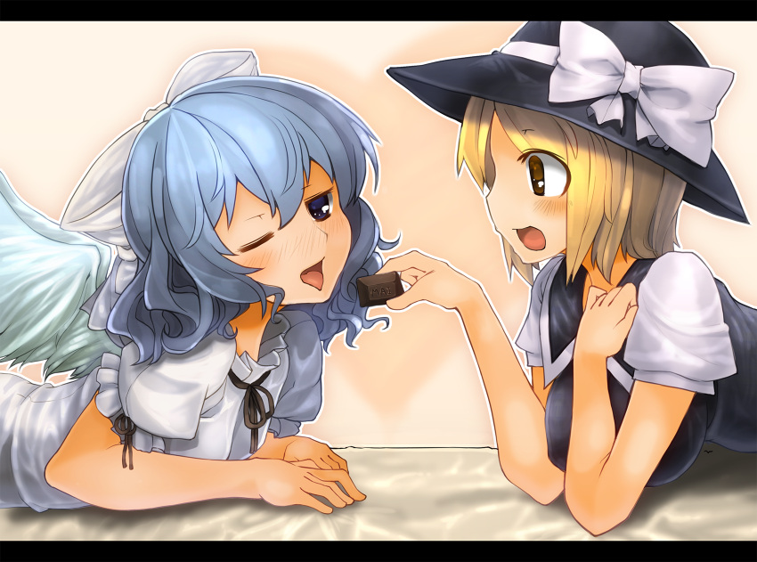 2girls blonde_hair blue_eyes blue_hair blush bow brown_eyes character_name chocolate feeding female hair_bow hat hat_ribbon highres letterboxed lying mai_(touhou) multiple_girls on_stomach open_mouth psan puffy_short_sleeves puffy_sleeves ribbon short_hair short_sleeves tongue tongue_out touhou touhou_(pc-98) valentine wings wink yuki_(touhou)