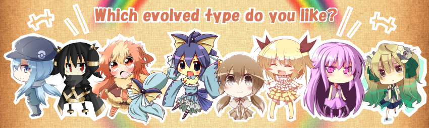6+girls :3 ahoge black_hair blonde_hair blue_eyes blue_hair blush blush_stickers brown_hair cabbie_hat capelet chibi clair_(v0yance) cleavage_cutout crossed_arms detached_sleeves eevee espeon fang flareon glaceon grey_eyes hair_ornament hat heath41 high_heels highres jolteon kousa_(black_tea) leafeon long_hair long_image low_twintails multicolored_hair multiple_girls navel ominaeshi_(takenoko) open_mouth personification poke_ball pokemon pokemon_(creature) purple_hair rebecca_(keinelove) red_eyes redhead scarf shoes short_hair skirt smile tanikake_yoku twintails two_side_up umbreon vaporeon vest violet_eyes wide_image wide_sleeves yutamaro