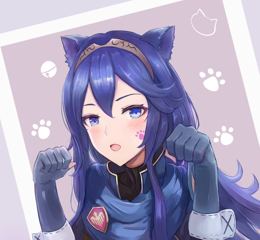 1girl animal_ears blue_eyes blue_hair blush cat_ears commentary_request fire_emblem fire_emblem:_kakusei gloves leonmandala long_hair looking_at_viewer lucina open_mouth paw_pose solo