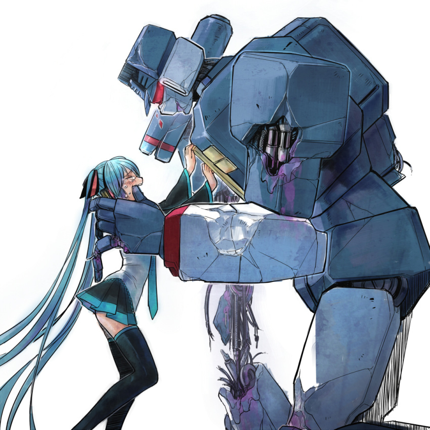 1girl bad_end black_skirt couple crossover crying damaged decepticon dying full_body hatsune_miku headgear long_hair machinery mecha monster pleated_skirt rkp robot science_fiction simple_background size_difference skirt soundwave thigh-highs transformers twintails very_long_hair vocaloid white_background zettai_ryouiki