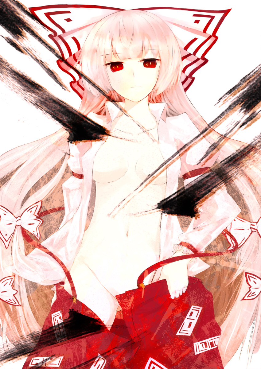 1girl awa_(3anco00) bad_id bow breasts cleavage collarbone female frown fujiwara_no_mokou groin hair_bow highres houmatu_awa long_hair looking_at_viewer mound_of_venus no_bra no_panties open_clothes open_shirt pants_pull pulled_by_self red_eyes shirt silver_hair solo suspenders touhou undressing very_long_hair