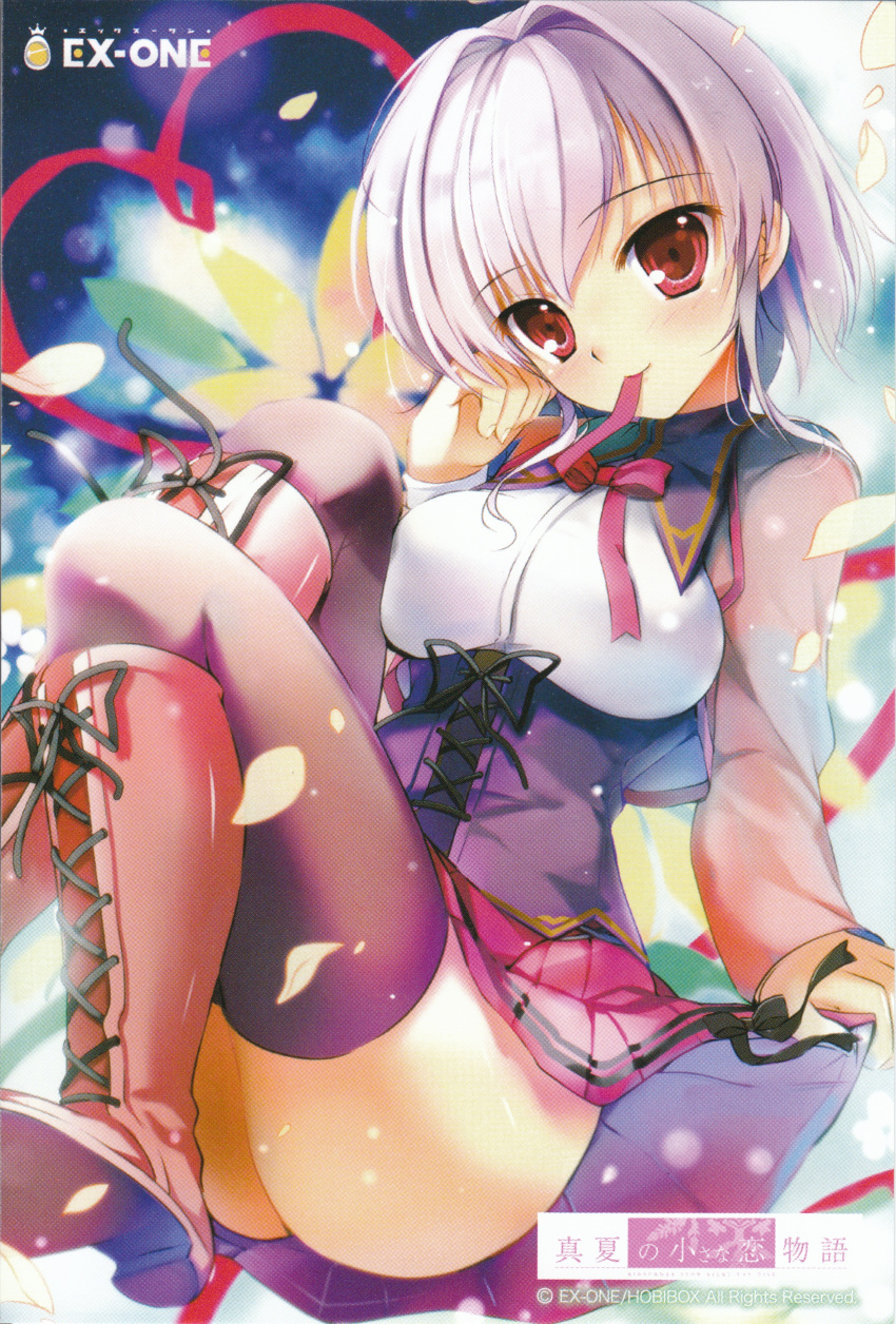 1girl absurdres black_legwear blush boots breasts grey_hair hair_intakes head_tilt heart highres looking_at_viewer manatsu_no_chiisana_koi_monogatari manatsu_no_yoru_no_yuki_monogatari mikeou mouth_hold petals red_eyes ribbon scan shinjou_yukina short_hair thigh-highs