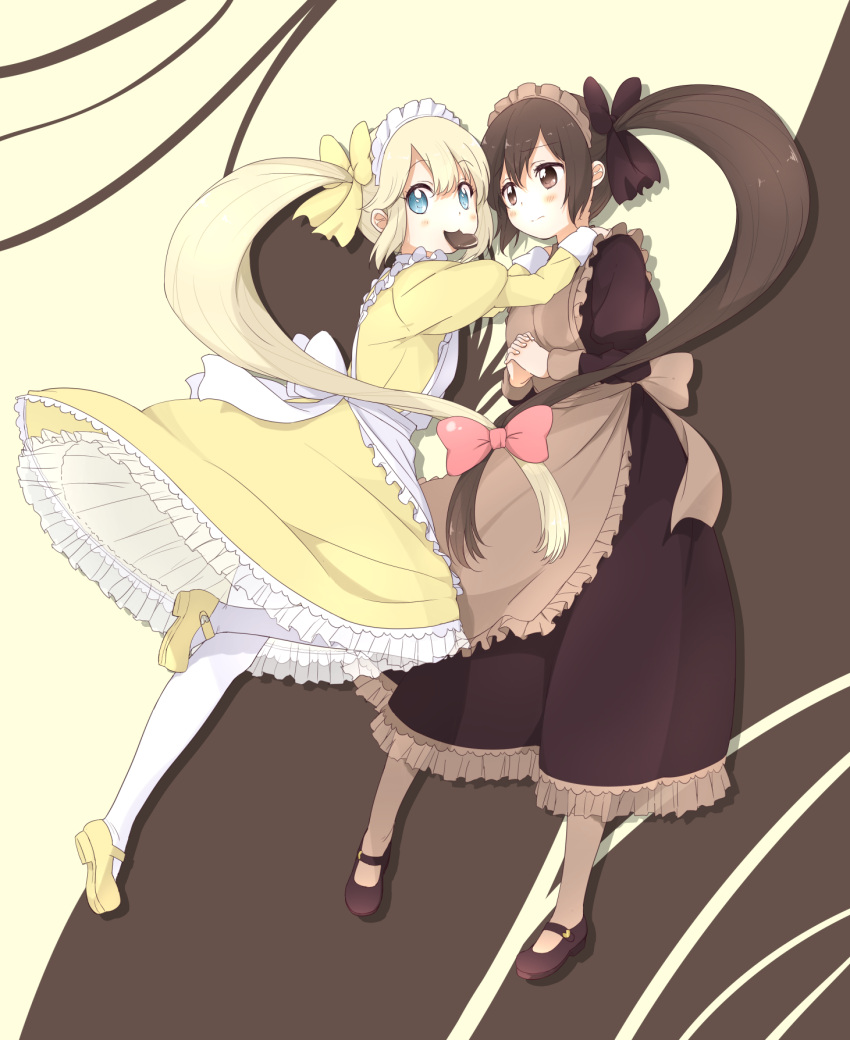 2girls apron blonde_hair blue_eyes bow brown_eyes brown_hair brown_legwear chocolate chocolate_heart dress food_in_mouth hair_bow hands_on_shoulders heart highres maid_headdress mary_janes mouth_hold multiple_girls naraba_yueni original shoes white_legwear