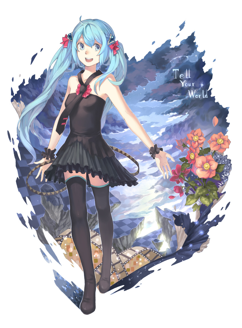 1girl absurdres aqua_eyes aqua_hair boots chati checkered checkered_floor copyright_name film_strip floor flower hatsune_miku highres long_hair necktie open_mouth skirt solo tell_your_world_(vocaloid) thigh-highs thigh_boots twintails vocaloid