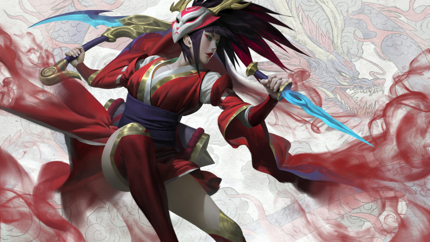 1girl absurdres action akali akali_(legacy) alternate_costume antlers arm_guards bangs black_hair blood_moon_akali blunt_bangs breasts commentary dragon dual_wielding eastern_dragon english_commentary eyeliner feet_out_of_frame highres holding holding_sword holding_weapon japanese_clothes jumping kama_(weapon) kimono league_of_legends lips long_hair long_sleeves looking_away makeup mask mask_on_head multicolored_hair obi parted_lips profile red_kimono red_legwear red_lips redhead reverse_grip ribbon-trimmed_sleeves ribbon_trim sash short_kimono short_sword sickle sidelocks smoke solo streaked_hair sword thigh-highs weapon white_background wide_sleeves zeenchin