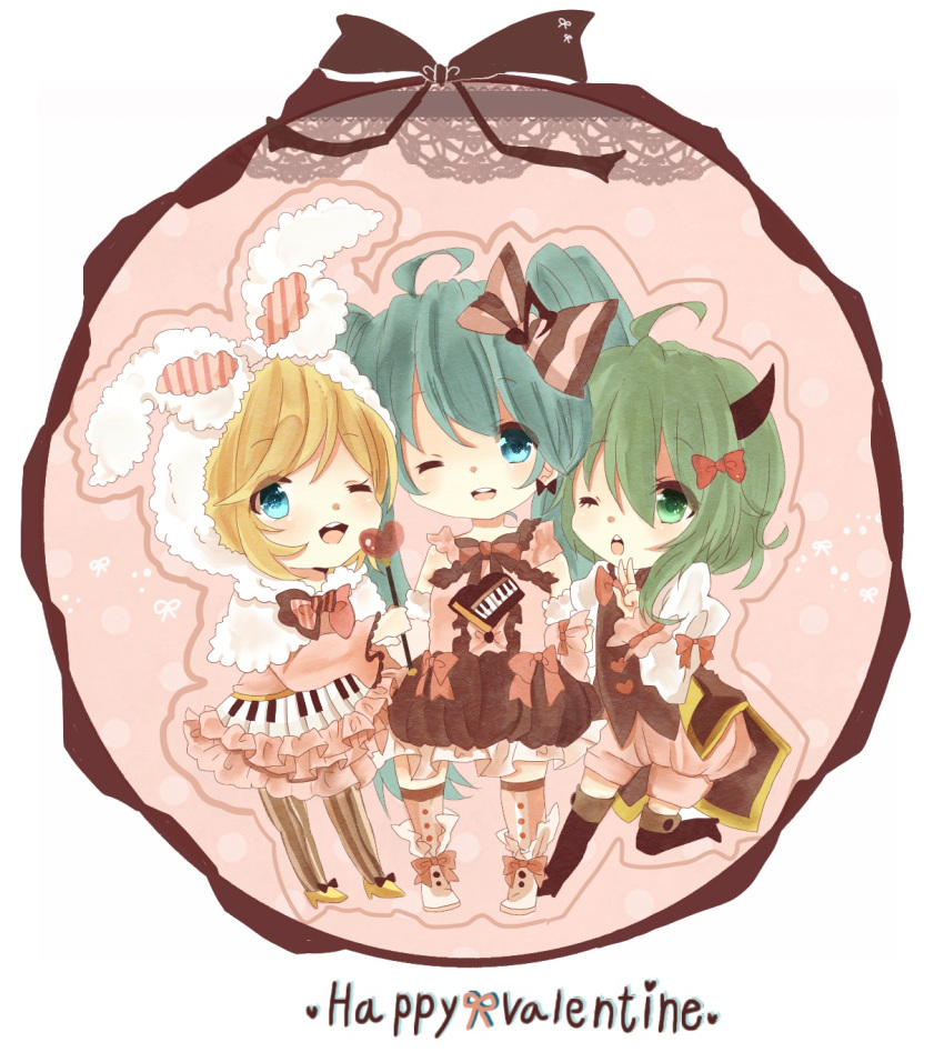 3girls ahoge aqua_eyes aqua_hair blonde_hair boots chibi green_eyes green_hair gumi hatsune_miku highres ichigo_shokora kagamine_rin long_hair multiple_girls one_eye_closed open_mouth pantyhose piano_keys striped striped_legwear thigh-highs thigh_boots twintails v valentine vertical-striped_legwear vertical_stripes very_long_hair vocaloid wink