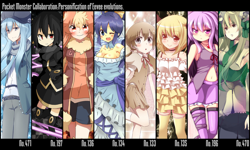 6+girls bare_shoulders belt black_hair blonde_hair blue_eyes blue_hair blush brown_hair choker clair_(v0yance) cleavage_cutout column_lineup eevee espeon flareon glaceon green_hair grey_eyes hair_bobbles hair_ornament hair_ribbon hat heath41 jacket jolteon kousa_(black_tea) leafeon lon long_hair low_twintails multicolored_hair multiple_girls navel ominaeshi_(takenoko) one_eye_closed open_mouth pants personification pokemon purple_hair rebecca_(keinelove) red_eyes redhead ribbon short_hair shorts sidelocks skirt smile tanikake_yoku twintails umbreon vaporeon vest violet_eyes wink yutamaro