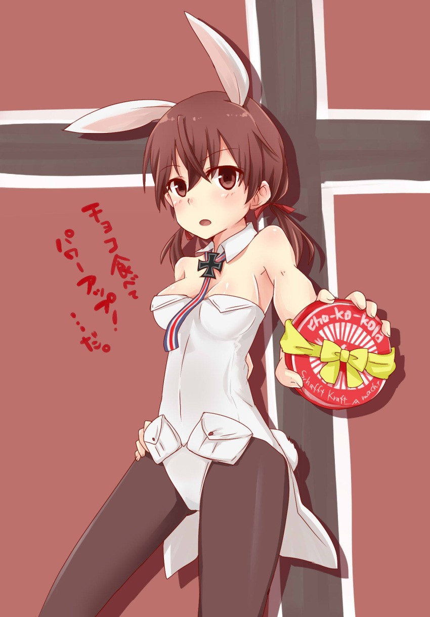 1girl animal_ears black_legwear blush bow brown_eyes brown_hair bunny_girl bunny_tail bunnysuit cross detached_collar female german gertrud_barkhorn hair_ribbon highres iron_cross open_mouth pantyhose rabbit_ears ribbon solo strike_witches tail text translated twintails yuki003