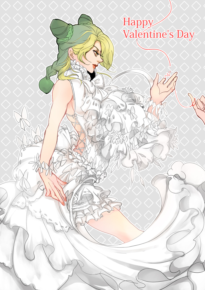 1girl blonde_hair braid cc3323 double_bun dress gown green_hair happy_valentine highres jojo_no_kimyou_na_bouken kuujou_jolyne multicolored_hair red_string solo string torike_(cc3323) two-tone_hair valentine white_dress yellow_eyes