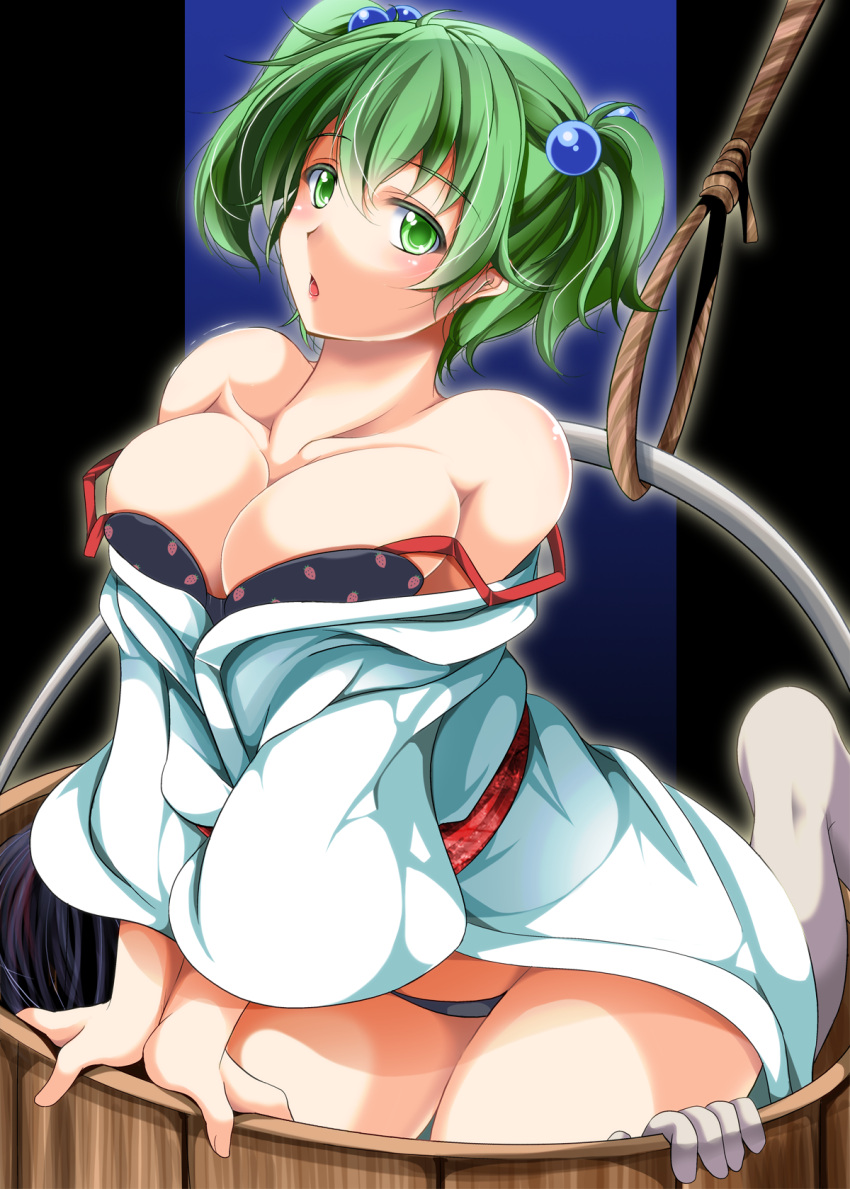 1girl alternate_breast_size arm_support bare_shoulders black_bra black_panties bra breast_squeeze breasts bucket bursting_breasts female green_eyes green_hair hair_bobbles hair_ornament highres japanese_clothes kimono kisume large_breasts looking_at_viewer older panties reiha_(penetrate) rope solo strawberry_print touhou twintails underwear when_you_see_it yukata