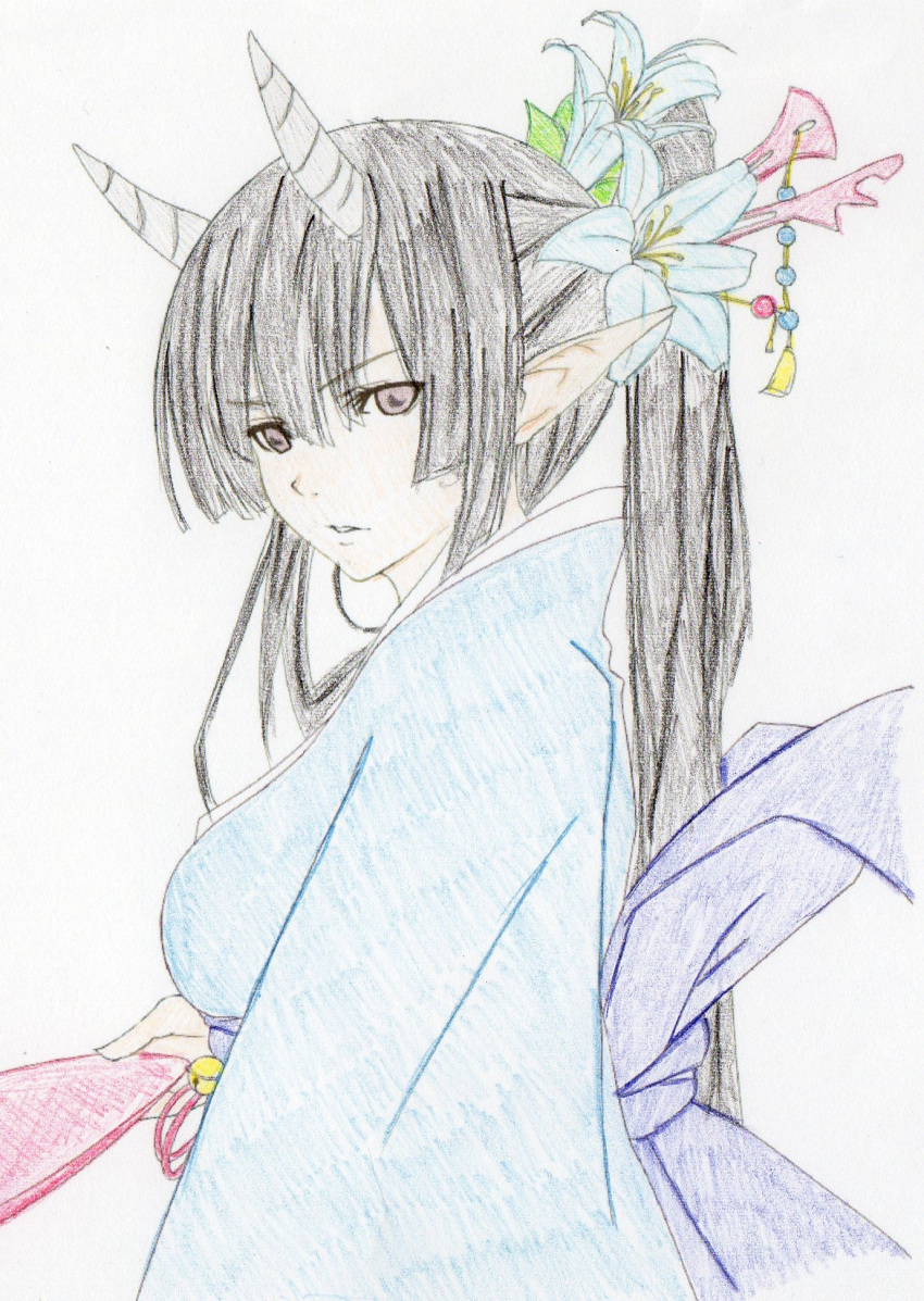 1girl alice-star black_hair breasts colored flower hair_flower hair_ornament highres horns long_hair original pointy_ears simple_background solo traditional_media