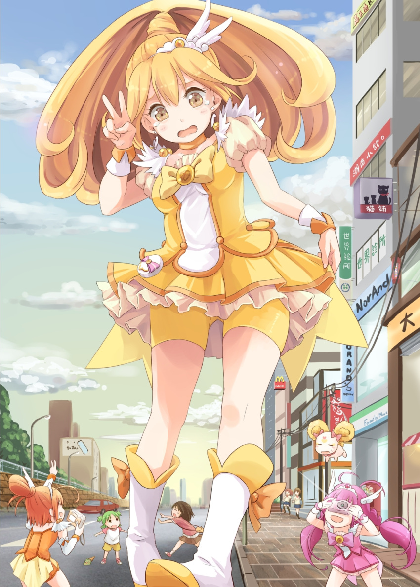 6+girls :d ahoge antenna_hair ayase_ena bike_shorts blonde_hair blush boots bow brown_hair camera candy_(smile_precure!) choker clouds crossover cure_happy cure_peace cure_sunny dress food giantess green_hair highres hino_akane_(smile_precure!) hoshizora_miyuki hpflower ice_cream kise_yayoi knee_boots koiwai_yotsuba magical_girl multiple_girls open_mouth orange_hair precure school_uniform sky smile smile_precure! tears tiara twintails v wrist_cuffs yellow_bow yellow_eyes yotsubato!