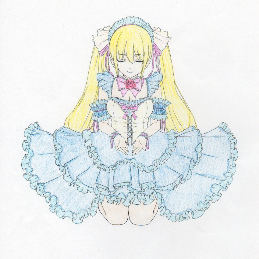 1girl alice-star blonde_hair breasts closed_eyes colored frills highres long_hair original smile solo traditional_media very_long_hair