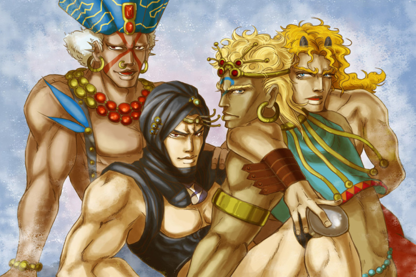 4boys akamushi_(clam_hunter) alien battle_tendency earrings esidisi hat head_scarf hoop_earrings horns jewelry jojo_no_kimyou_na_bouken kars_(jojo) knee_pads male_focus manly monster_boy multiple_boys muscle necklace nose_ring santana_(jojo) turban wamuu white_hair