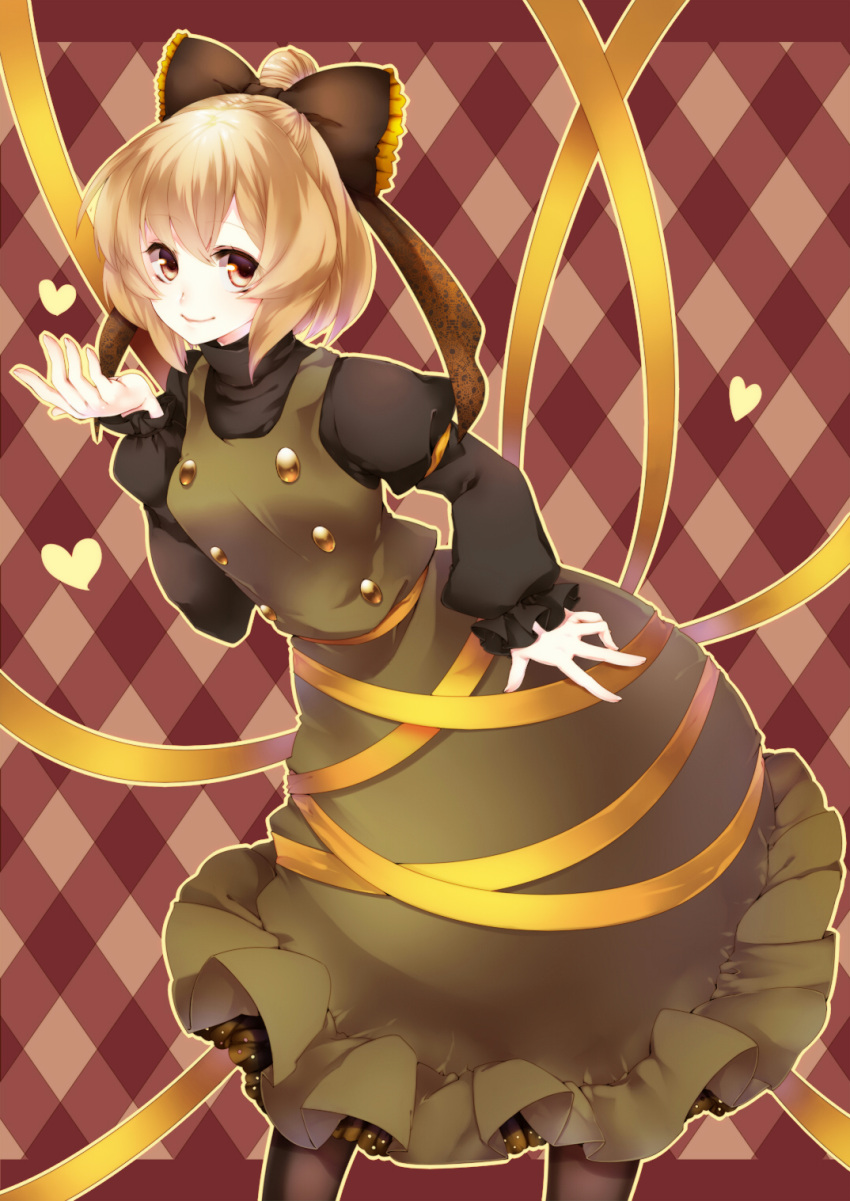 1girl black_legwear blonde_hair blush bow dress female hair_bow heart highres kurodani_yamame looking_at_viewer pantyhose ponytail smile solo touhou yellow_eyes yutazou