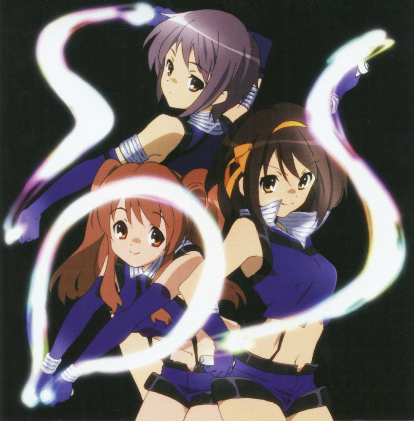 3girls armband artist_request asahina_mikuru brown_hair english gloves highres jpeg_artifacts light_stick midriff multiple_girls nagato_yuki orange_hair purple_hair short_hair shorts suspenders suzumiya_haruhi suzumiya_haruhi_no_yuuutsu twintails