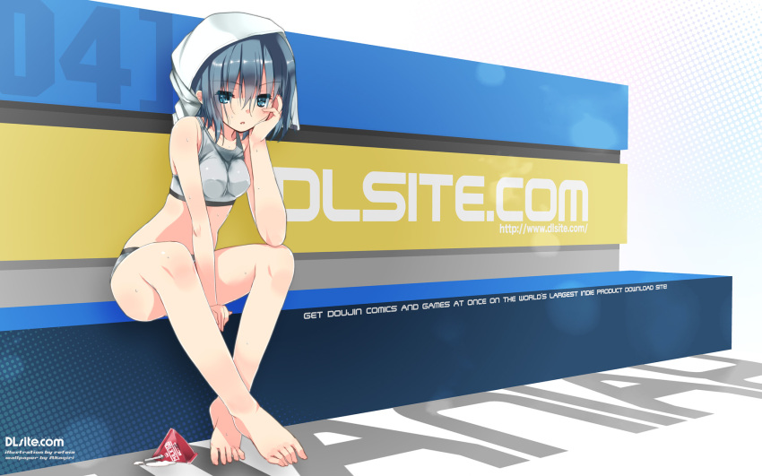 1girl barefoot bikini blue_eyes blue_hair dlsite.com elle_sweet english feet flat_gaze head_rest highres milk_carton refeia short_hair sitting solo swimsuit tankini toes towel towel_on_head wallpaper wet