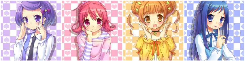 4girls aida_mana blue_eyes blue_hair brown_eyes brown_hair checkered checkered_background choker clubs diamond_(shape) dokidoki!_precure double_bun dress_shirt flipped_hair glasses half_updo heart highres hishikawa_rikka kenzaki_makoto long_hair long_image multiple_girls necktie pink_eyes pink_hair precure purple_hair shirt short_hair short_twintails silver15 smile spade striped striped_shirt twintails vest violet_eyes wide_image yotsuba_alice