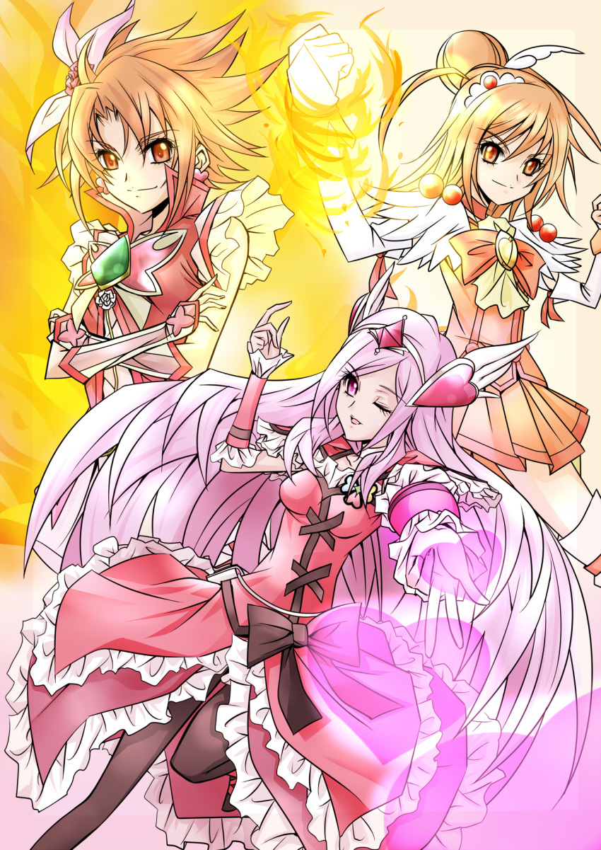 3girls bad_id black_legwear bow brown_eyes choker clenched_hand crossed_arms cure_passion cure_rouge cure_sunny dress fire fresh_precure! frills gloves hair_bun hair_ornament head_wings heart heart_hair_ornament higashi_setsuna highres hino_akane_(smile_precure!) kojikoji long_hair magical_girl multiple_girls natsuki_rin one_eye_closed orange_dress orange_hair orange_skirt pantyhose pink_eyes pink_hair precure red_dress ribbon short_hair skirt smile smile_precure! spiky_hair tiara wink wrist_cuffs yes!_precure_5