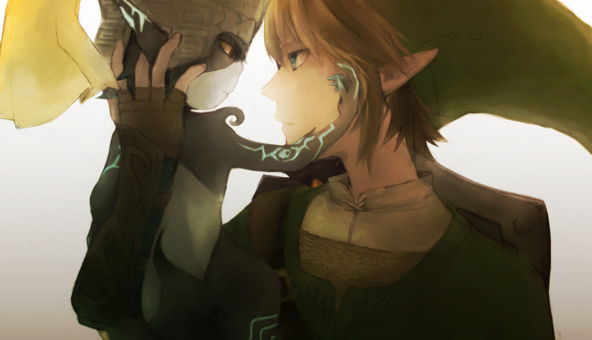 1boy 1girl blonde_hair blue_eyes earrings eye_contact gloves hat helmet highres imp jewelry link looking_at_another midna nintendo otton pointy_ears red_eyes shield the_legend_of_zelda the_legend_of_zelda:_twilight_princess yellow_sclera