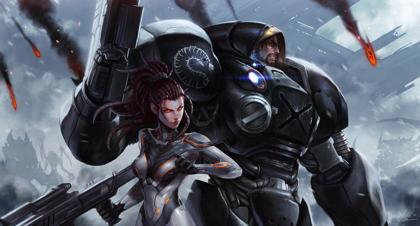 1boy 1girl alien armor battle bodysuit couple epic floating flying fog glowing glowing_eyes grin gun hetero jim_raynor kim_tae_kyeong machine_gun mecha monster ponytail power_armor realistic red_eyes rifle sarah_kerrigan science_fiction shadow signature size_difference smile smoke space_craft spacesuit starcraft starcraft_2 starcraft_2:_heart_of_the_swarm terran weapon zerg