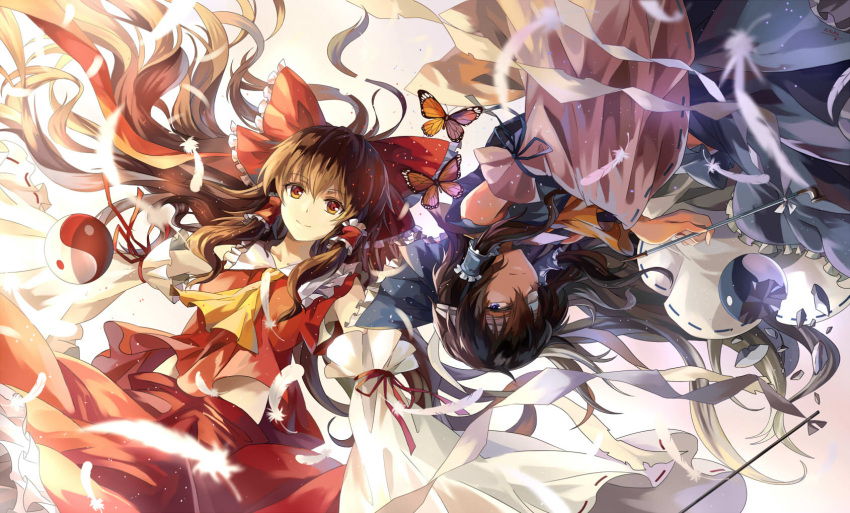 2girls alternate_color ascot blue_eyes bow brown_eyes brown_hair butterfly detached_sleeves dual_persona eyepatch feathers female gohei hair_bow hair_tubes hakurei_reimu highres long_hair long_sleeves looking_at_viewer midriff multiple_girls neko_(yanshoujie) pipe player_2 shirt skirt skirt_set smile touhou upside-down very_long_hair wide_sleeves yin_yang