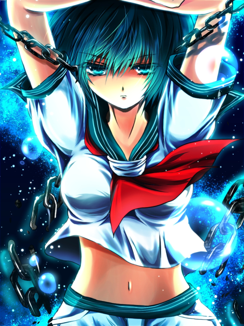 1girl ascot breasts broken bubble chains crop_top crop_top_overhang female green_eyes green_hair highres looking_at_viewer midriff murasa_minamitsu navel nekominase sailor solo touhou underwater