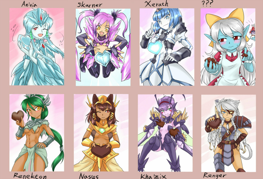 animal_ears anivia armor bare_shoulders blue_eyes breasts chocolate cleavage eyepatch genderswap gloves kha'zix league_of_legends lulu_(league_of_legends) nam_(valckiry) nasus personification poppy renekton rengar skarner tristana valentine xerath