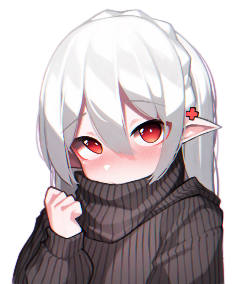 1girl absurdres arknights bangs beudelb black_sweater blush braid commentary_request crown_braid eyebrows greek_cross hair_ornament highres korean_commentary long_hair long_sleeves looking_at_viewer pointy_ears puffy_long_sleeves puffy_sleeves red_eyes ribbed_sweater simple_background sleeves_past_wrists solo sweater turtleneck turtleneck_sweater upper_body warfarin_(arknights) white_background white_hair