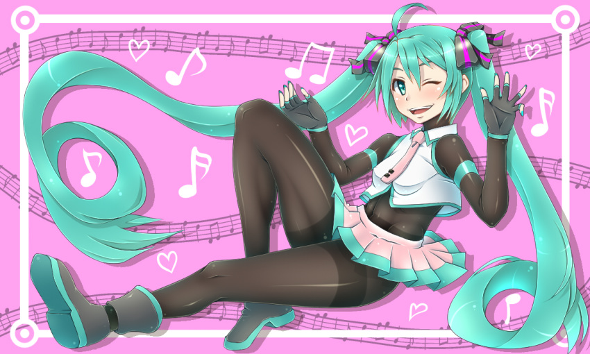 1girl ahoge bodystocking bodysuit fingerless_gloves gloves green_eyes green_hair hatsune_miku j_(shining-next) long_hair midriff musical_note necktie one_eye_closed pantyhose shiny shiny_clothes skirt solo thighband_pantyhose twintails very_long_hair vocaloid wink