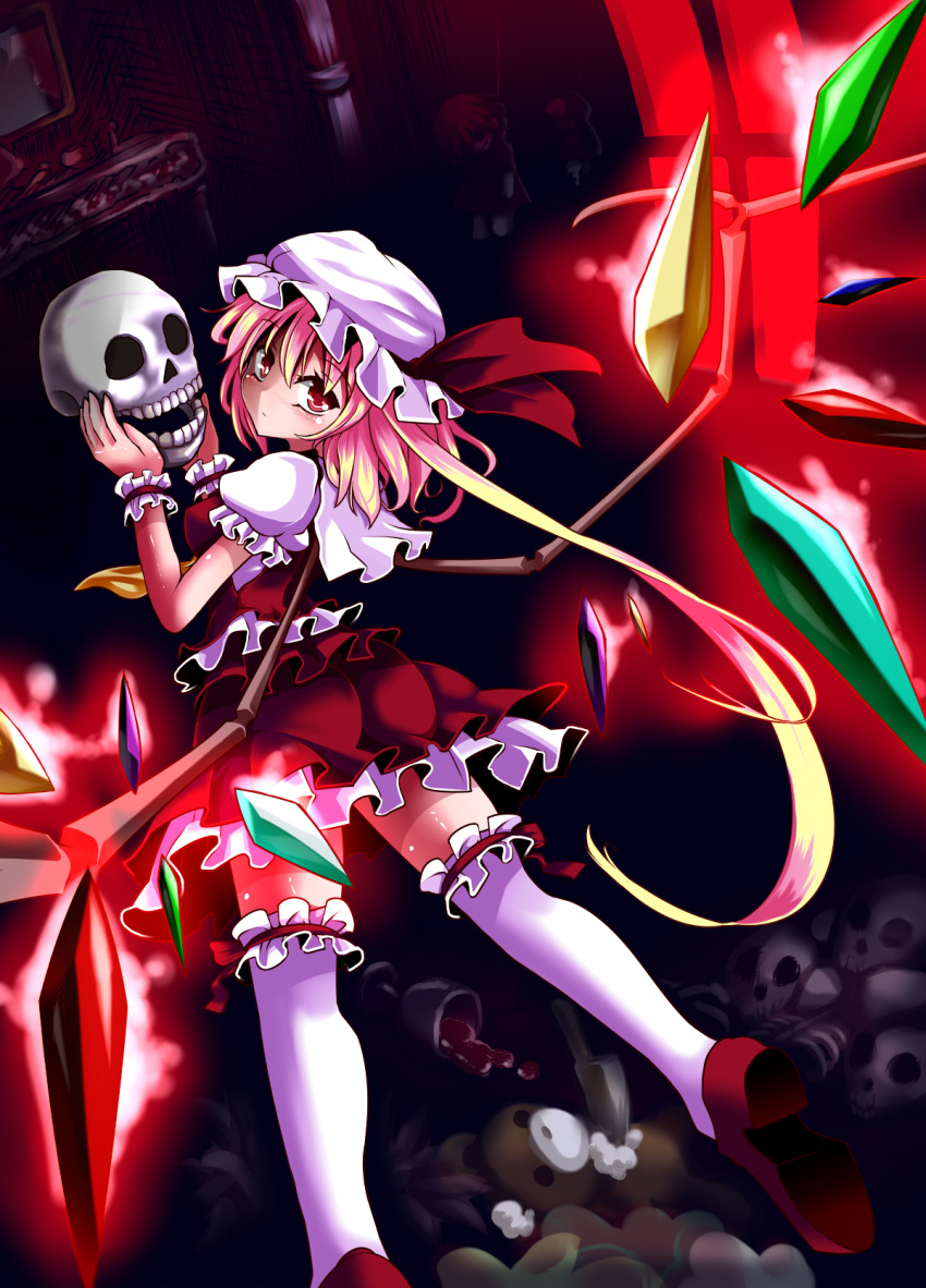 1girl blonde_hair female flandre_scarlet hat highres lilish long_hair red_eyes skull solo thigh-highs touhou wings