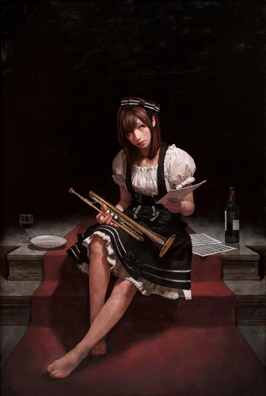 1girl absurdres alcohol barefoot brown_eyes brown_hair cup drinking_glass feet hair_ribbon highres holding imai_takahiro instrument lips original paper plate realistic red_carpet ribbon short_hair sitting solo stairs toes wine wine_glass